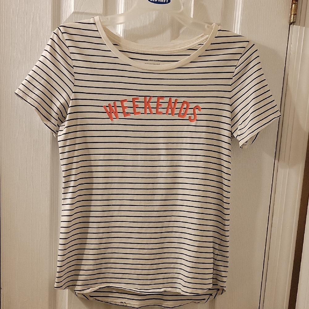 Old Navy White and Black Striped Tee - "Weekend"